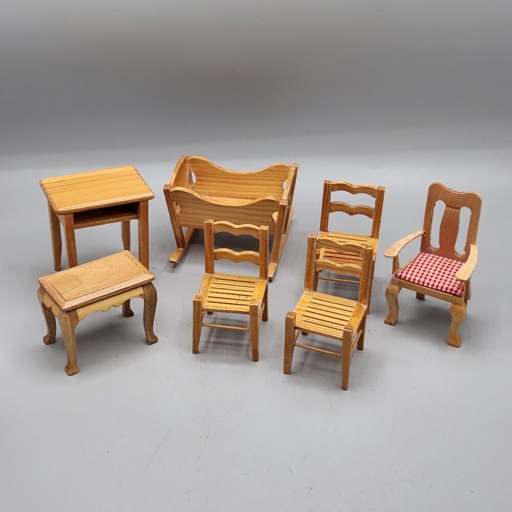 Lot of Wooden Dollhouse Furniture Cradle Desk Table Chairs Vintage Cottage Play